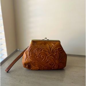 Patricia Nash Tooled Leather Wristlet Clutch in Cognac Tan